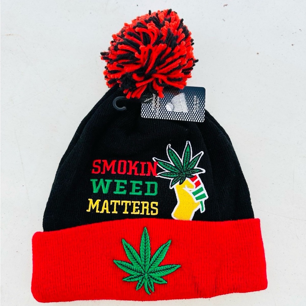 Black and Red unisex adult Beanie with Pom Pom